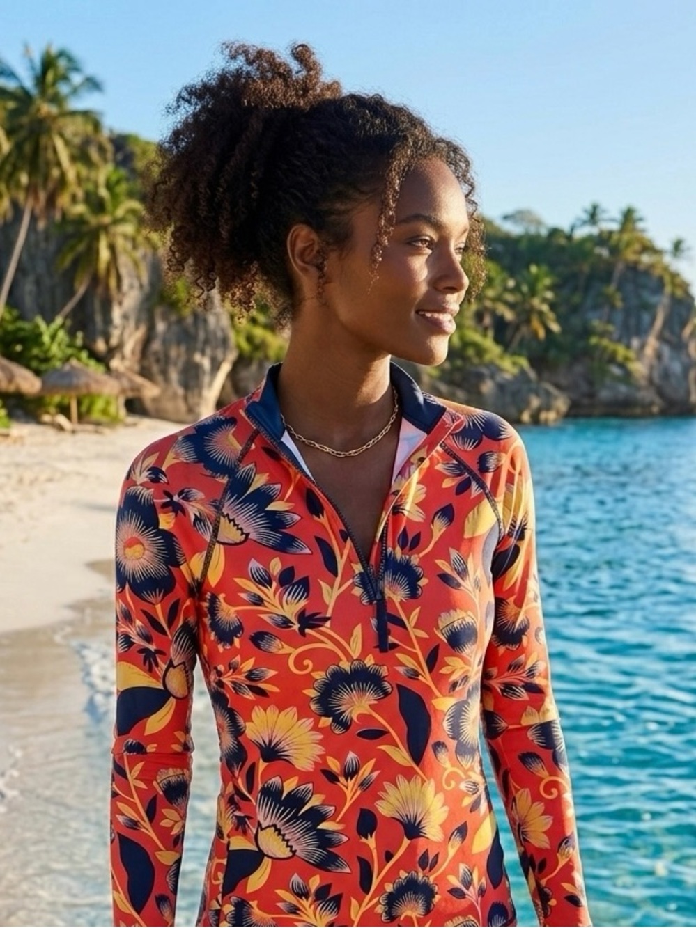 J. Crew Coral Floral Half-Zip Rash Guard with Navy & Yellow Print